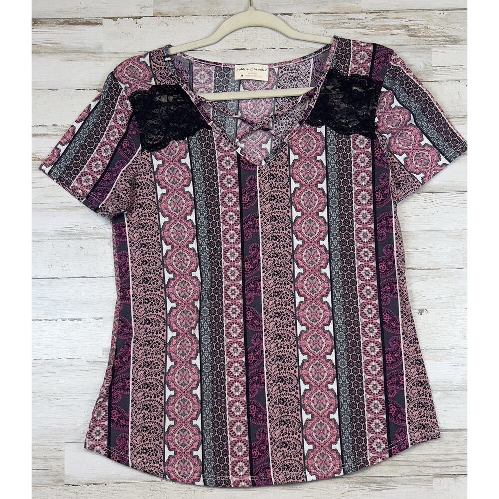 Bobbie Brooks Pink Black Lace Inserts Shirt Ladies Size M Strappy